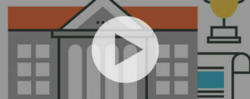 illustration of a campus building, academics, sports, and graduation with a play button overlay
