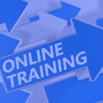 blue and white arrows and text reads: online training