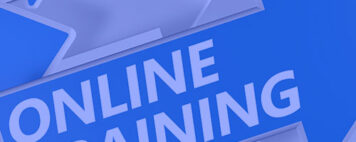 blue and white arrows and text reads: online training
