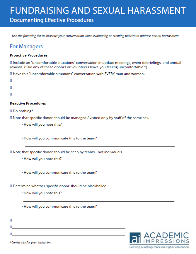 Image of the front page of the "Fundraising and Sexual Harassment: Documenting Effective Procedures" PDF. 