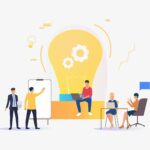 Light bulb, people discussing ideas and working. Innovation, study, work concept. Vector illustration can be used for topics like business, education, research