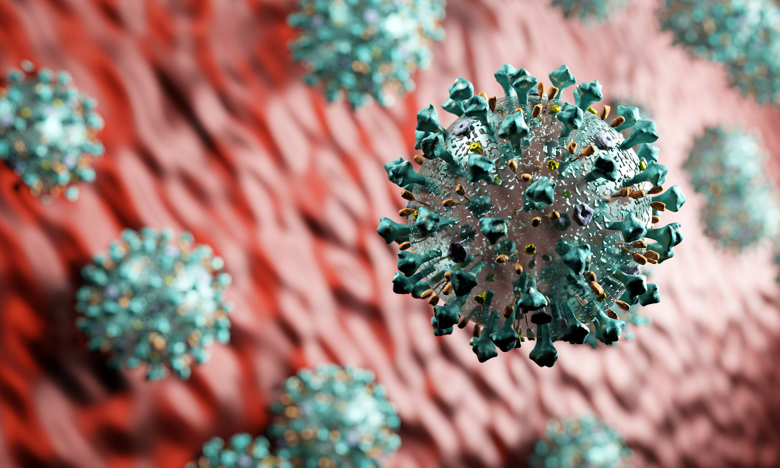 Coronavirus attack in microscopic view. Virus from Wuhan casusing pandemic around the world. 3D render