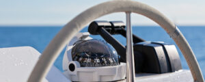 Boat steering wheel and compass