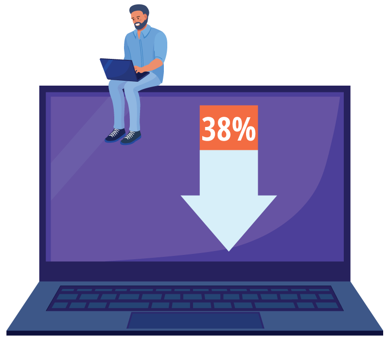 Illustration of a person on a laptop with a 38% arrow pointing down on the screen