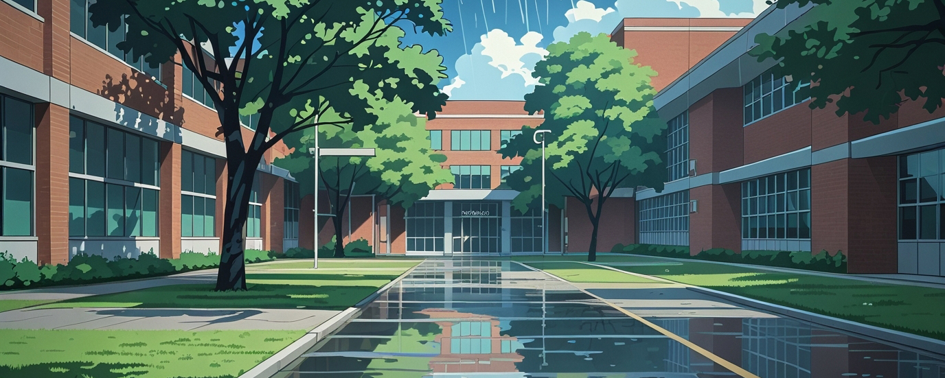 College campus illustration after the rain